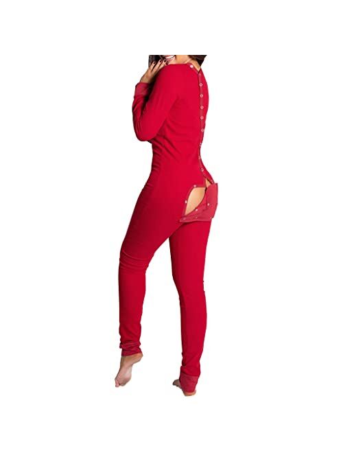 Zyxdk Women Onesies Pajamas Sexy Deep V-Neck Long Sleeve One-Piece Butt Button Back Flap Jumpsuit for Any Body Type, S-XL