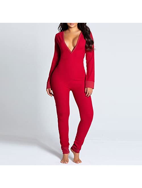 Zyxdk Women Onesies Pajamas Sexy Deep V-Neck Long Sleeve One-Piece Butt Button Back Flap Jumpsuit for Any Body Type, S-XL