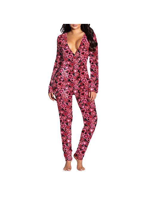 Bemycutie Women's Sexy Butt Button Back Flap Adult Onesies Pajamas, 2021 Long Sleeve Deep V-Neck Club One-Piece Bodycon Jumpsuit