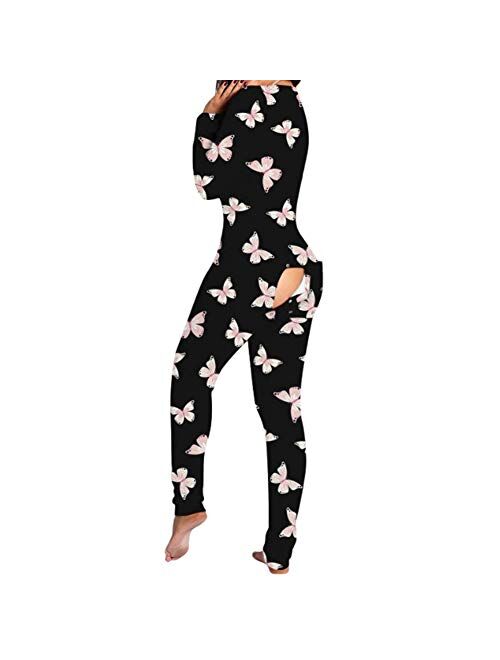 Bemycutie Women's Sexy Butt Button Back Flap Adult Onesies Pajamas, 2021 Long Sleeve Deep V-Neck Club One-Piece Bodycon Jumpsuit