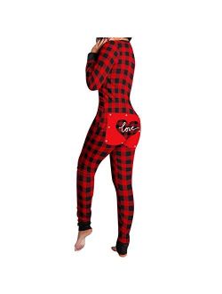 POTO Plaid Onesie Pajamas for Women Sexy Adults Butt Button Flap Jumpsuit Long Sleeve V Neck Printed Rompers Sleepwear