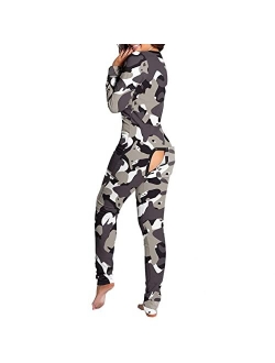 POTO Plaid Onesie Pajamas for Women Sexy Adults Butt Button Flap Jumpsuit Long Sleeve V Neck Printed Rompers Sleepwear