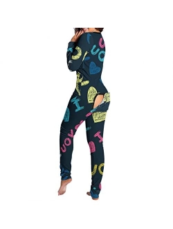 POTO Plaid Onesie Pajamas for Women Sexy Adults Butt Button Flap Jumpsuit Long Sleeve V Neck Printed Rompers Sleepwear