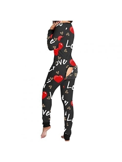 POTO Plaid Onesie Pajamas for Women Sexy Adults Butt Button Flap Jumpsuit Long Sleeve V Neck Printed Rompers Sleepwear