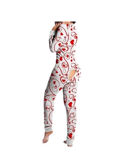 POTO Plaid Onesie Pajamas for Women Sexy Adults Butt Button Flap Jumpsuit Long Sleeve V Neck Printed Rompers Sleepwear