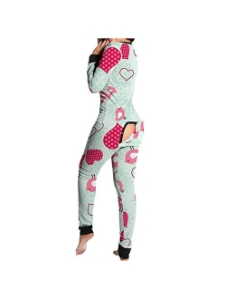 POTO Plaid Onesie Pajamas for Women Sexy Adults Butt Button Flap Jumpsuit Long Sleeve V Neck Printed Rompers Sleepwear