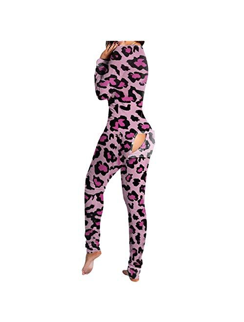 POTO Plaid Onesie Pajamas for Women Sexy Adults Butt Button Flap Jumpsuit Long Sleeve V Neck Printed Rompers Sleepwear