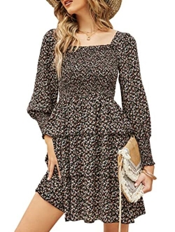 Bequemer Laden Womens Long Lantern Sleeve Square Neck Tie Back Floral Tiered Ruffle Swing Short Mini Dress