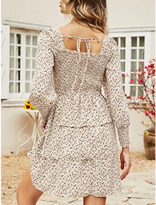 Bequemer Laden Womens Long Lantern Sleeve Square Neck Tie Back Floral Tiered Ruffle Swing Short Mini Dress