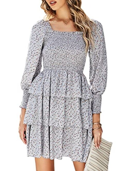 Bequemer Laden Womens Long Lantern Sleeve Square Neck Tie Back Floral Tiered Ruffle Swing Short Mini Dress