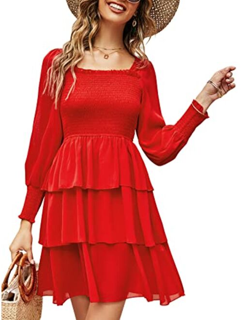 Bequemer Laden Womens Long Lantern Sleeve Square Neck Tie Back Floral Tiered Ruffle Swing Short Mini Dress