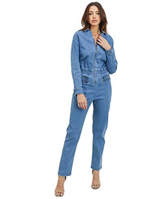 Khanomak Women's Collar Jeans Denim Fitted Utility Jumpsuit with Pockets