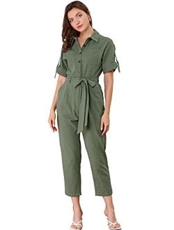 Women's Short Sleeve Collared Cropped Coverall Button Down Tie Waist Cotton Cargo Jumpsuit