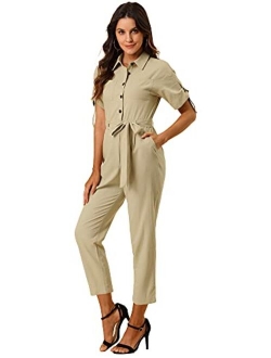 Women's Short Sleeve Collared Cropped Coverall Button Down Tie Waist Cotton Cargo Jumpsuit