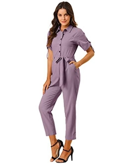 Women's Short Sleeve Collared Cropped Coverall Button Down Tie Waist Cotton Cargo Jumpsuit