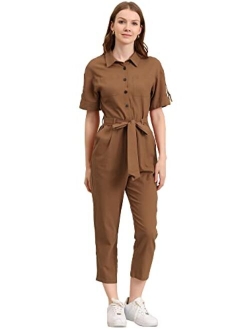 Women's Short Sleeve Collared Cropped Coverall Button Down Tie Waist Cotton Cargo Jumpsuit