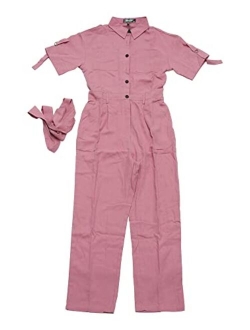 Women's Short Sleeve Collared Cropped Coverall Button Down Tie Waist Cotton Cargo Jumpsuit