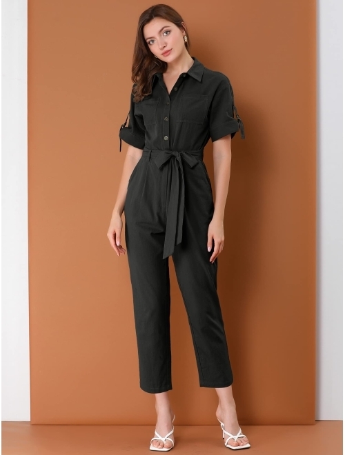 Allegra K Women's Short Sleeve Collared Cropped Coverall Button Down Tie Waist Cotton Cargo Jumpsuit