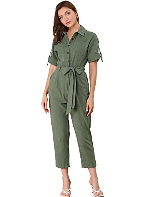 Allegra K Women's Short Sleeve Collared Cropped Coverall Button Down Tie Waist Cotton Cargo Jumpsuit