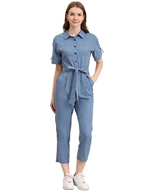 Allegra K Women's Short Sleeve Collared Cropped Coverall Button Down Tie Waist Cotton Cargo Jumpsuit