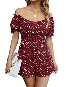 Jeanewpole1 Womens Floral Smocked Short Romper Off Shoulder Puff Sleeve Jumpsuit