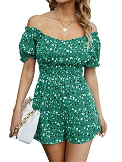 Jeanewpole1 Womens Floral Smocked Short Romper Off Shoulder Puff Sleeve Jumpsuit