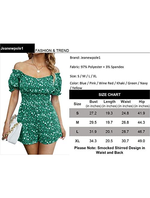 Jeanewpole1 Womens Floral Smocked Short Romper Off Shoulder Puff Sleeve Jumpsuit