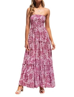 Women's Summer Bohemian Floral Printed Strapless Beach Party Long Maxi Dress