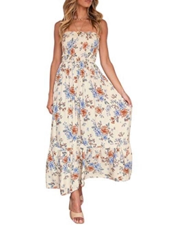 Women's Summer Bohemian Floral Printed Strapless Beach Party Long Maxi Dress