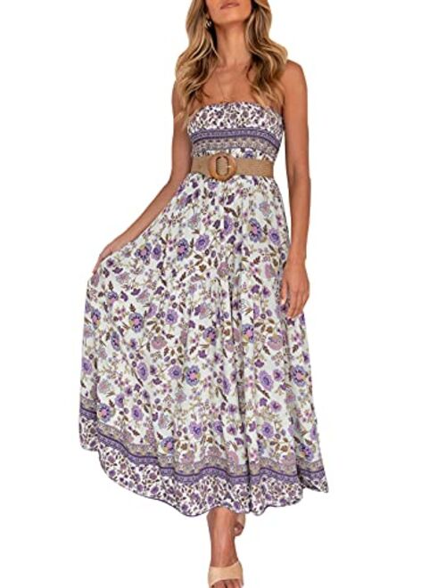 ZESICA Women's Summer Bohemian Floral Printed Strapless Beach Party Long Maxi Dress