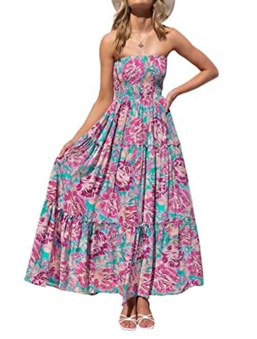 ZESICA Women's Summer Bohemian Floral Printed Strapless Beach Party Long Maxi Dress