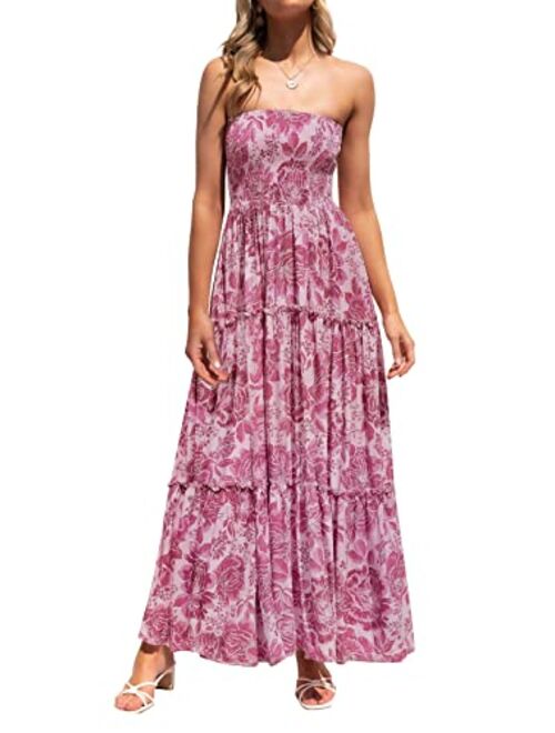 ZESICA Women's Summer Bohemian Floral Printed Strapless Beach Party Long Maxi Dress