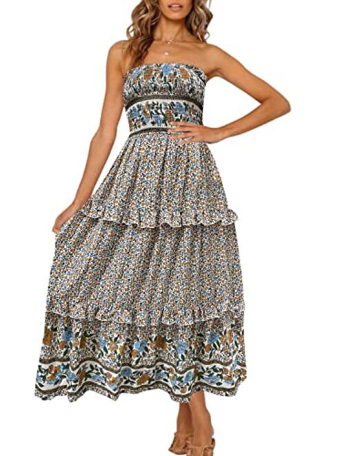 ZESICA Women's Summer Bohemian Floral Printed Strapless Beach Party Long Maxi Dress