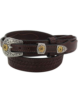 Bullhidebelts.Com Men's Leather Basket Weave Western Ranger Belt Floral Buckle Set 1.5 Wide