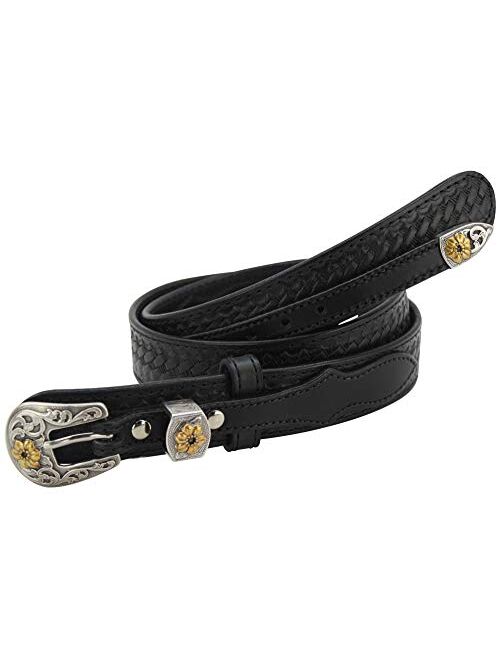 New Look Bullhidebelts.Com Men's Leather Basket Weave Western Ranger Belt – Floral Buckle Set – 1.5” Wide