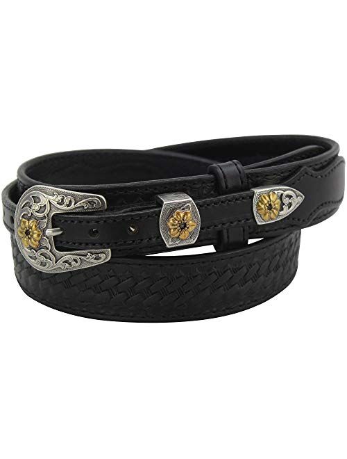 New Look Bullhidebelts.Com Men's Leather Basket Weave Western Ranger Belt – Floral Buckle Set – 1.5” Wide