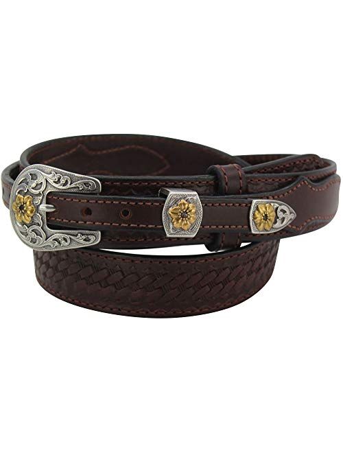 New Look Bullhidebelts.Com Men's Leather Basket Weave Western Ranger Belt – Floral Buckle Set – 1.5” Wide