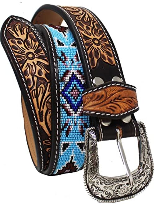 Challenger Horsewear Men Women 1.5" Western Floral Tooled Beaded Full-Grain Leather Belt 26RT24B