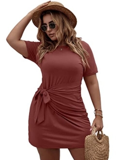 Women's Plus Size Short Sleeve Tie Knot Front Solid Summer T Shirt Dress