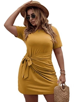 Women's Plus Size Short Sleeve Tie Knot Front Solid Summer T Shirt Dress