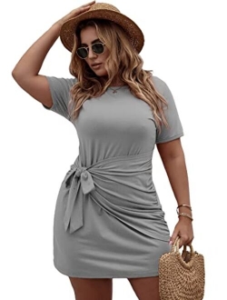 Women's Plus Size Short Sleeve Tie Knot Front Solid Summer T Shirt Dress