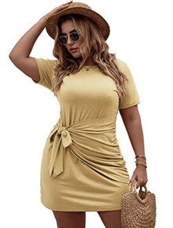 Women's Plus Size Short Sleeve Tie Knot Front Solid Summer T Shirt Dress