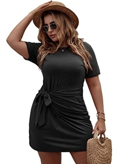 Women's Plus Size Short Sleeve Tie Knot Front Solid Summer T Shirt Dress