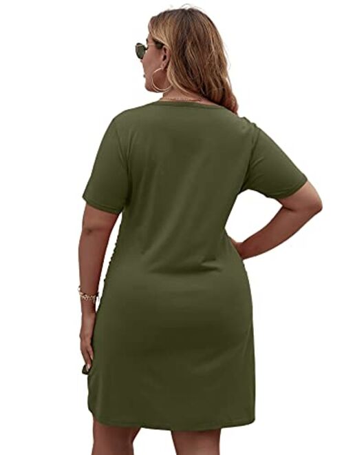 Romwe Women's Plus Size Short Sleeve Tie Knot Front Solid Summer T Shirt Dress