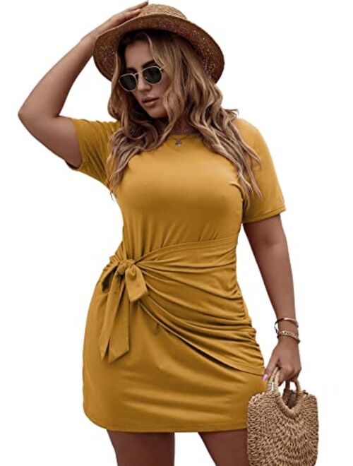 Romwe Women's Plus Size Short Sleeve Tie Knot Front Solid Summer T Shirt Dress