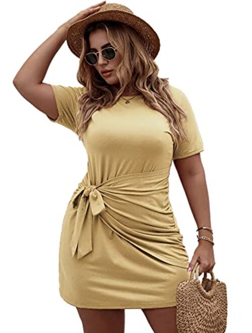 Romwe Women's Plus Size Short Sleeve Tie Knot Front Solid Summer T Shirt Dress