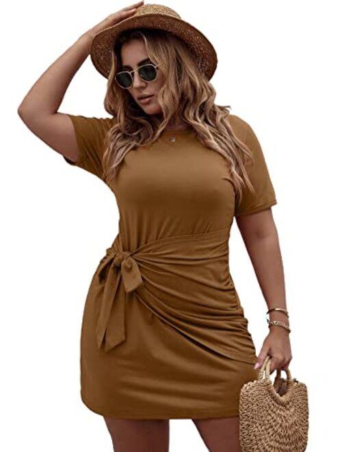 Romwe Women's Plus Size Short Sleeve Tie Knot Front Solid Summer T Shirt Dress