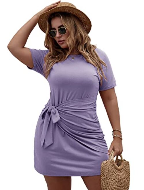 Romwe Women's Plus Size Short Sleeve Tie Knot Front Solid Summer T Shirt Dress