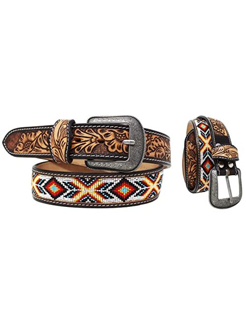 Unisex 1.5" Western Floral Tooled Beaded Full-Grain Leather Belt 26RT25