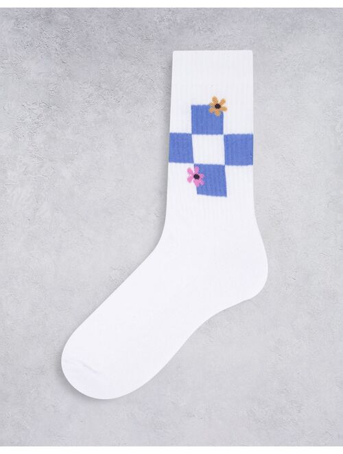 ASOS DESIGN sports socks with checkerboard floral in white